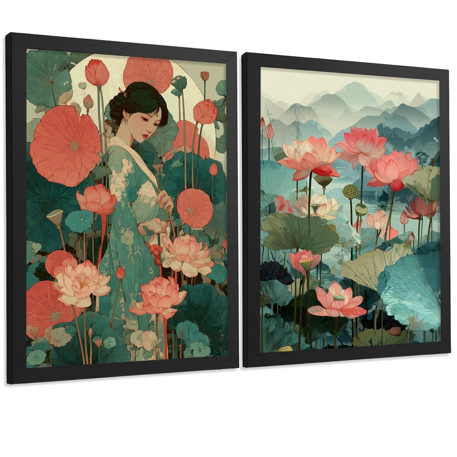 Set de 2 Laminas Decorativas Baño Cuadros Poster Arte Oriental Japones para Pared Lavabo Ducha WC y Aseo con Flores de Loto Paisaje Asiatico Estilo Elegante